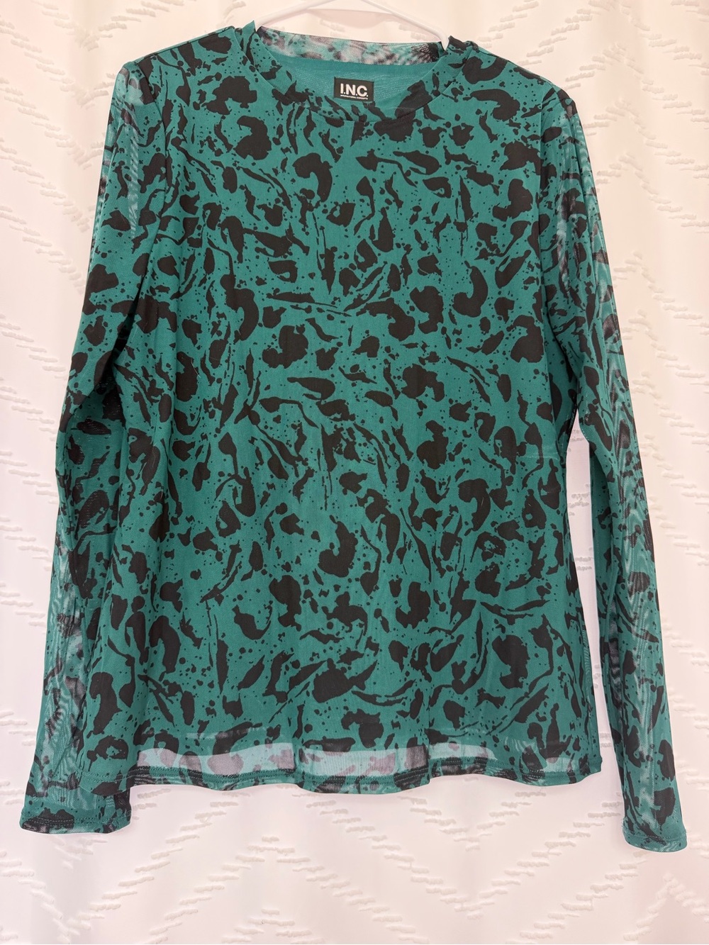 INC International Concepts Teal Green and Black Long-Sleeve Mesh Top